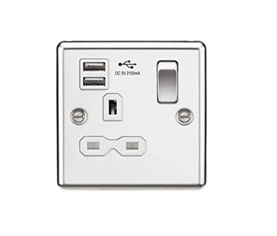 Ranuras de cargador USB dual del zócalo conmutado 13A 1G con el inserto blanco - borde redondeado pulido cromo