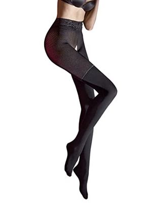 MARILYN Poupée erotic women's tights with open crotch, 60 den bottom 20 den top, tights with a stocking effect, 10 cm lace belt, flat seam, black