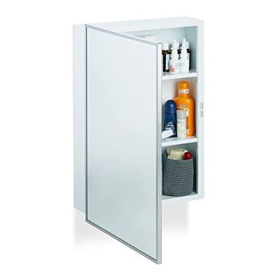 Relaxdays Spegelskåp badrum, väggskåp, enkeldörrsväggskåp av stål, med 3 hyllor, HBT: 56 x 40,5 x 12,5 cm, vit