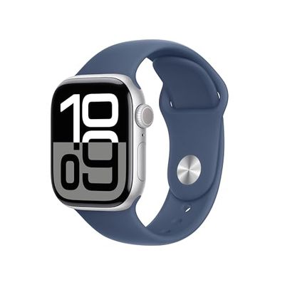 Apple Watch Series 10 (GPS + Cellular 42 mm) Smartwatch - Kast van zilverkleurig aluminium - Denim sportbandje (S/M). Conditie bijhouden, Ecg-app, always on Retina-display, waterbestendig