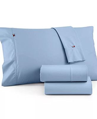 Tommy Hilfiger Signature Solid Sheeting 200 TC Set of 3 Sheet Set - 1 Flat Sheet, 1 Fitted Sheet & 1 Pillowcase, Twin XL Size, 100% Cotton (B Blue)