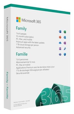 Microsoft 365 Famille, jusqu'à 6 utilisateurs, 2020, 1 appareil, 1 an, PC/MAC, tablette et smartphone, Box