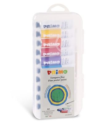 PRIMO - Températures pour enfants +3 Ans, 10 Tubes de 18 ml + Pinceau, Couleurs Acryliques Diluables à l'Eau, pour Peindre Tissus, Papier, Verre, Parfaites pour les Loisirs Créatifs des enfants