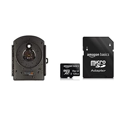 Technaxx Time Lapse Caméra - Microphone et Haut-Parleur Intégrés Capture Vidéo FullHD Fonctionne sur Batterie & Amazon Basics - Carte mémoire Micro SDXC 128 Go avec Adaptateur Grand Format, A2, U3
