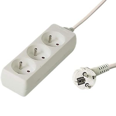 PremiumCord Extensão de 230 V, 3 tomadas, extensão de 230 V, entradas francesas giratórias de 45°, tomada múltipla segurança infantil, branco, 10 m