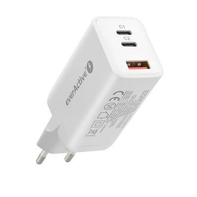 everActive GaN oplader met QC4 + USB-aansluiting en 2 x USB-C PD PPS-aansluiting, snel opladen, totaal vermogen 65 W, solide, eendelige behuizing, model SC-650Q