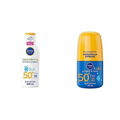 NIVEA SUN Kids Protect & Sensitive Sun Lotion (200ml) Sunscreen with SPF 50+, Kids Suncream & SUN Kids Protect & Care Caring Roll-On (50 ml) Sunscreen with SPF 50, Roll-On Kids Suncream