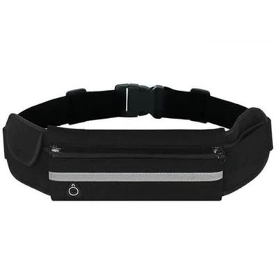 PARENCE.- Ceinture de Course Noir 3 Poches avec Bande réfléchissante/Running Smartphone/Bouteilles/Gourdes - Sac Banane Téléphone - de Course a Pied, Sport, Jogging, Footing, Courir