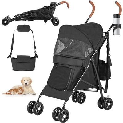YITAHOME Poussette pour chiens de petite et moyenne taille, poussette pour chien à 4 roues avec bretelles, chariot de voyage pliable avec porte-gobelet et sac de rangement (noir)