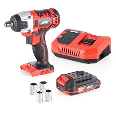 KEINEMARKE Formula 1 Impact Wrench 1/2 Inch Set 20 V 1 x 2.0 Ah Battery and Charger 220 Nm 4 Sockets 17/19/21/22 mm in Storage Case