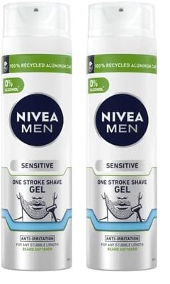 NIVEA MEN Sensitive One Stroke Shaving Gel (200ml) With Chamomile Extract + Vitamin E, Beard Softener for Men, Pack of 2