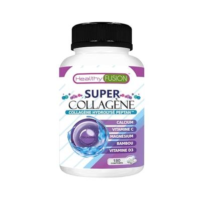 Healthy Fusion Super Collagène | Collagène Hydrolysé Peptan | Articulations, Peau, Cheveux & Ongles | Avec Magnésium, Calcium, Vit. C & D3 | 180 Comprimés