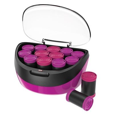 Remington Lot de 12 bigoudis chauffants en velours floqué en 2 tailles jumbo (35 mm et 40 mm), technologie céramique et ionique, noyau de cire, 12 broches et clips inclus, rose/noir) H5670
