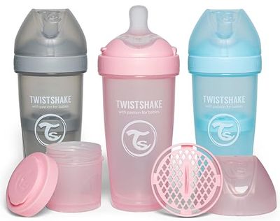 Twistshake 3x Pro Double Anti-Koliek Babyfles met Melkpoedercontainer - 330 ml | Snelle Stroom Siliconen Borstachtige Speen | BPA-Vrije Babyfles | Geschikt voor Baby's Vanaf 4m+ | Roze Grijs Blauw