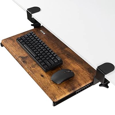 VIVO Liten tangentbordsbricka, utdragbar under skrivbordet med extra robust C-klämmonteringssystem, 20 (26 med klämmor) x 28,9 cm utskjutbar plattformslåda, rustik vintage brun topp, svart ram,