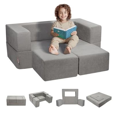 VEVOR Canapé enfant convertible ludique, 4 pièces, fauteuil pour enfants en tissu chenille avec housse amovible, éponge 25D haute densité, meuble de salle de jeux pour sommeil, lecture, gris foncé