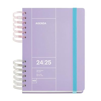 Miquelrius Agenda scolaire 24-25/2025 septembre 2024 à août 2025, format 164 x 218 mm, un jour par page, double spirale métallique, couverture rigide, fermeture avec élastique, espagnol, anglais et
