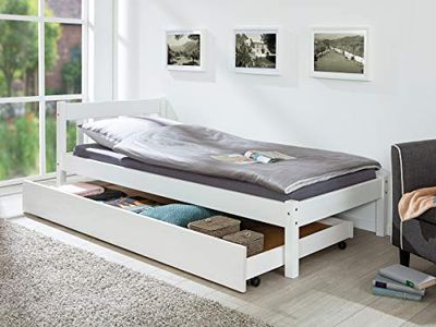 Inter Link - Tiroir de lit - Tiroir de lit sur roulettes - Tiroir extensible - Pin massif - Blanc - Dimensions en cm : longueur 199 x largeur 94 x hauteur 22 - Umea
