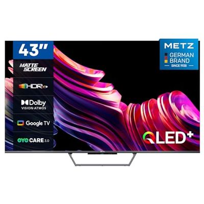 Metz Smart TV, MQE7600Z, 43", QLED, 4K, UHD, HDR 10+, Google TV, Matte Screen, Eye Care, Flicker-Free, Auto Ambient Light Sensor, HDMI, USB, Grigio [4 Anni di Garanzia]