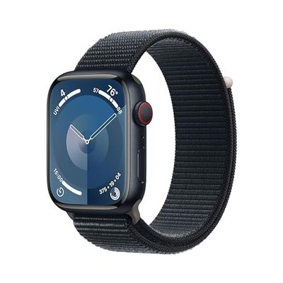 Apple Watch Series 9 (GPS + Cellular 45 mm) Smartwatch - Kast van middernacht aluminium - Middernacht geweven sportbandje. Conditie bijhouden, Saturatie-app en Ecg-app, CO₂- neutraal