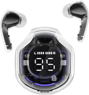 Clear Beat Cuffie Auricolari Wireless Bluetooth 5.3, Design Trasparente, Suono Cristallino, Impermeabili IPX4, Custodia con Ricarica Smartphone, Microfono Integrato, Autonomia 2-3 Ore, USB-C (Nero)