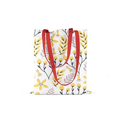 Bonamaison Printed Tote Bag, Reusable Grocery Bag, Shopping Bag, Machine Washable, Foldable, Canvas Cloth Bag with Red Handles, Size: 34x40 Cm