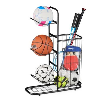 Relaxdays Scaffale per Attrezzatura Sportiva in Metallo, Ceste per Palloni da Basket, Calcio, Pallavolo, Racchette, Nero, Acciaio, 87x60x23,5 cm