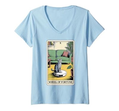 Mujer Rueda de la Fortuna Robot Aspirador Divertido Tarot Tarjeta Gato Camiseta Cuello V