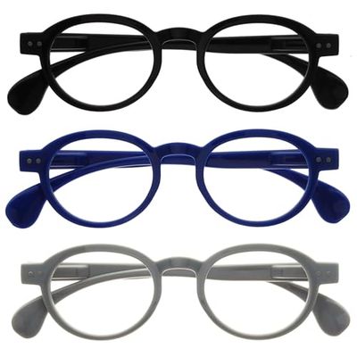OPULIZE OCA Occhiali da lettura - Pacco da 3 - Montatura Moderna Retró Rotonda - Nero Blu Grigio - Uomini Donne - Cerniere a molla - RRR54-137 - +1.50