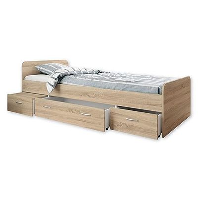 BORO cama de solteiro com 3 gavetas de armazenamento, 90 x 200 cm, prática beliche para quarto juvenil, com acabamento em carvalho Sonoma, 95 x 66 x 204 cm (largura/altura/profunda)
