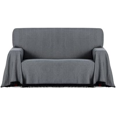 ECOMMERC3 Plaid Multifonction réversible en Tissu Jacquard avec Franges, Taille 230 x 260 cm, idéal pour canapé et lit, Respirant et au Toucher Doux, Couleur Gris foncé