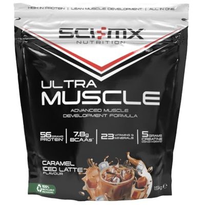 SCI-MX Ultra Muscle - Protein Powder for Muscle Development + 23 Vitamins & Minerals - Caramel Iced Latte • 56g Protein + 5g Creatine + 7.8g BCAAs per Serving • 1.5kg