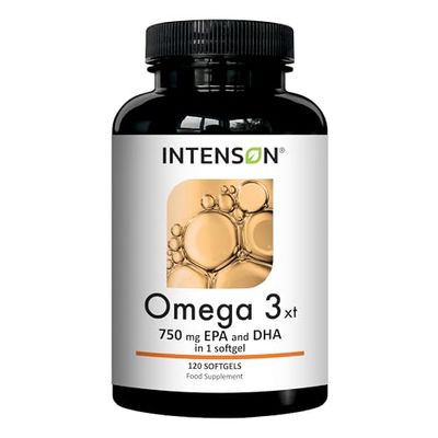 Intenson Omega 3 XT - 1000 mg avec 750 mg d'EPA et de DHA par capsule – 120 capsules molles d'huile de poisson Omega 3 à haute concentration – Approvisionnement de 4 mois