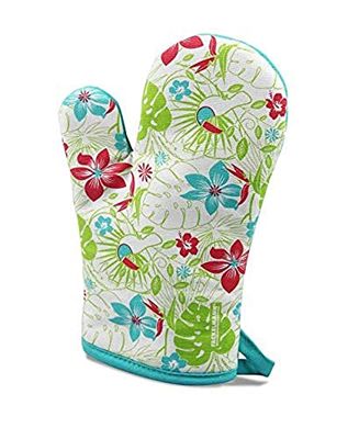 Fackelmann Tropical Manopla para horno, Guante cocina Algodón, No quemaduras, colorido 28x18cm, Lavar máquina 40ºC, 1ud Forno, Cotone, Stampa in Bianco, Turchese, Verde e Fucsia