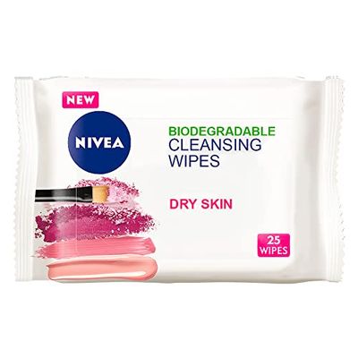 NIVEA 3in1 Caring Cleansing Wipes Dry Skin (25 sheets), Plant-Based Biodegradable Wipes, Face Wipes for Dry Skin, Gentle yet Effective Make-Up Removal