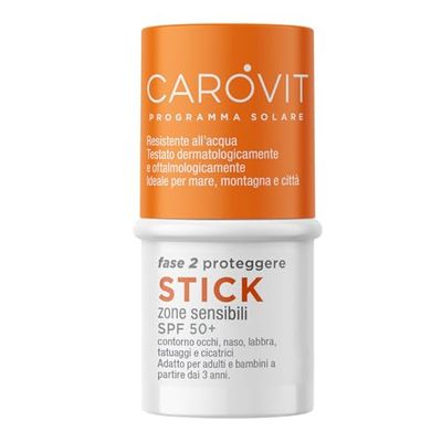 Carovit Protezione Solare Stick, SPF 50+, Protegge da UVB e UVA, Stick Solare Trasparente per Zone Sensibili, 4 ml