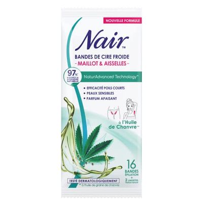 NAIR - Bandes de Cire Froide Maillot & Aisselles, à l'Extrait d'huile de Chanvre, 97% d'Origine Naturelle, NaturAdvanced Technology, 16 Bandes