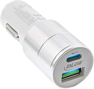 InLine® 31502W USB autolader stroomadapter Quick Charge 3.0, 12/24VDC naar 5V DC/3A, USB-A + USB type C, wit