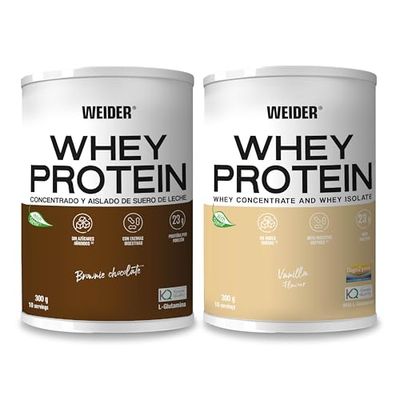 Weider Whey Protein Duo Pack (2x300g) Chocolate & Vanilla Flavours. Whey Protein from Concentrate & Isolate, 23g/Serving. with Digestive Enzymes, L-Glutamine Kyowa Quality and Stevia. No Added Sugars