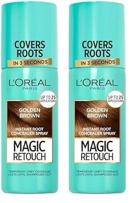L'Oréal Magic Retouch Instant Root Concealer Spray, Ideal for Touching Up Grey Root Regrowth, 75 ml, Colour: Golden Brown (Pack of 2)