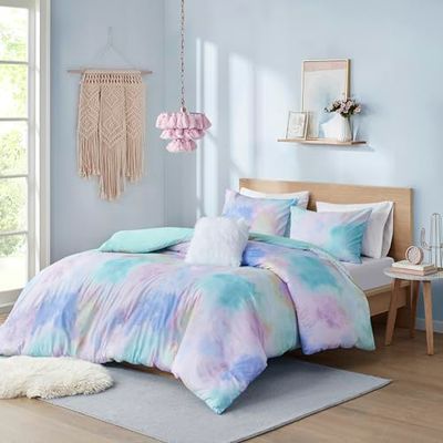 Intelligent Design Cassiopeia Comforter Set - Colorful Watercolor Tie Dye Print, Modern Down Alternative, All Season Bedding with Matching Sham and Toss Pillow Full/Queen Multi 4 Piece