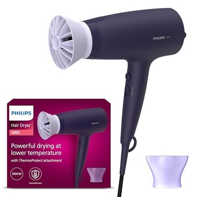 Philips Hair Dryer 3000 Series, ThermoProtect Attachment, with Nozzle, 2100W, Model BHD340/13