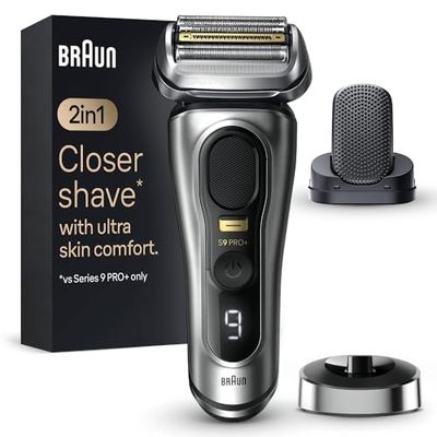 Braun Series 9 PRO +, Rasoio Elettrico Barba Rifinitore di precisione, Custodia da Viaggio in tessuto, Batteria Litio Ion, 100% Impermeabile, Idea Regalo, Festa del Papà, 9557s Argento