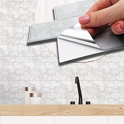 WALPLUS 28.5x14cm@36 pcs White Marble Metro Flat Tile Sticker Backsplash Tile Paint Stick on Tiles Peel and Stick Self Adhesive Wall Tiles Stickers for Kitchen Bathroom Tile Transfer
