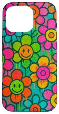 Fleur psychédélique avec visage rieur Coque pour iPhone 16 Pro