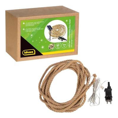 Idena 30520 - Corda di luci a LED con 100 LED in bianco caldo, per uso esterno e interno, lunga circa 9 m, con adattatore solare o di rete, funzione timer di 8 ore, decorazione per casa e giardino