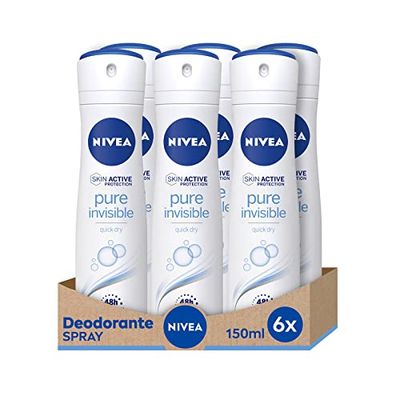 NIVEA Pure Invisible Spray Deodorante 6 x 150 ml, Deodorante rinfrescante che non lascia residui sulla pelle e sui vestiti, Deo spray che protegge per 48 ore