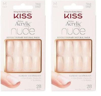 KISS Collection Salon Acrylic French Nude, Leilani, faux ongles nus de longueur moyenne, comprend 28 faux ongles, de la colle à ongles, une lime à ongles et un bâtonnet à manucure (Lot de 2)