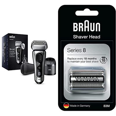 Braun Series 8 Rasoir Électrique Homme Barbe, Noir/Argenté, Tête 3+1 avec tondeuse de précision, rasoir et tête flexible à 40° & Series 8 Cassette De Tête De Rechange Pour Rasoir Électrique, 83M