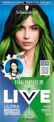 Schwarzkopf LIVE Ultra Brights or Pastels Vivid Green 024 Shade, Semi-Permanent Green Hair Dye, FINAL FANTASY™ XIV Online x Live, Vibrant Hair Dye Kit Lasts Up to 15 Washes
